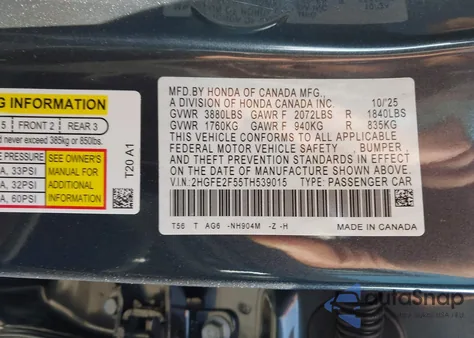 2026 Honda Civic Sport from USA, damaged, VIN 2HGFE2F55TH539015